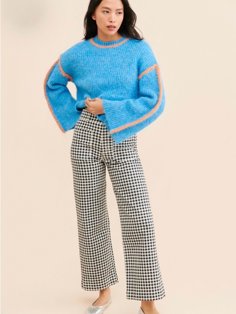 ASKK NY Black & White Sailor Gingham Wide-Leg Pants, Denim